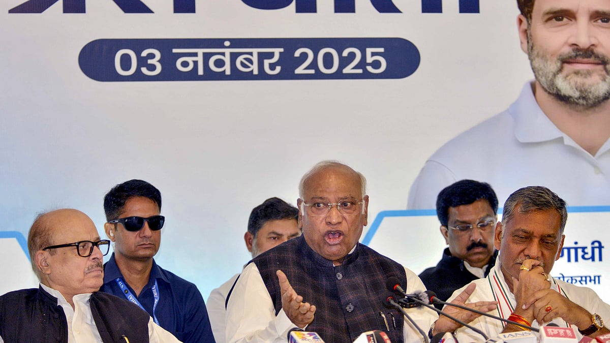 Mallikarjun Kharge addresses a press conference in Patna.