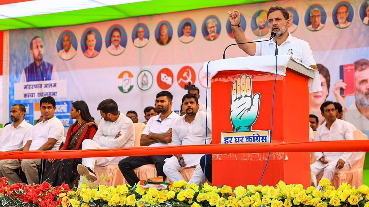 Rahul Gandhi addressing a public rally in Purnia, Bihar. (photo: PTI) 