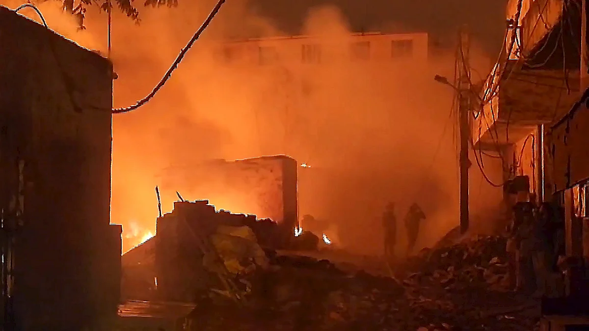 Flames engulf shanties near Rithala Metro station in Rohini.
