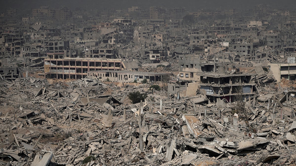 Buildings lie in rubble after Israeli bombardment in Gaza City.