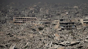 Buildings lie in rubble after Israeli bombardment in Gaza City.