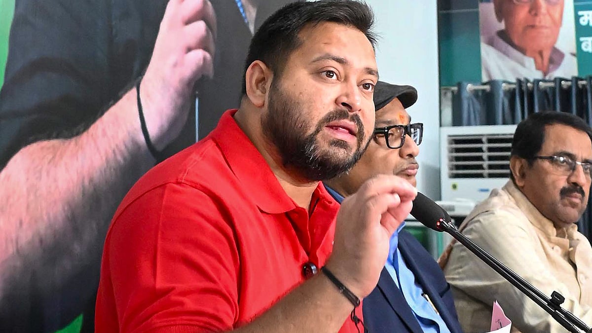 Tejashwi Yadav addresses a press conference in Patna.
