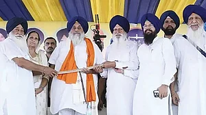 Shiromani Akali Dal president Sukhbir Singh Badal during a rally at Chabal village in Tarn Taran