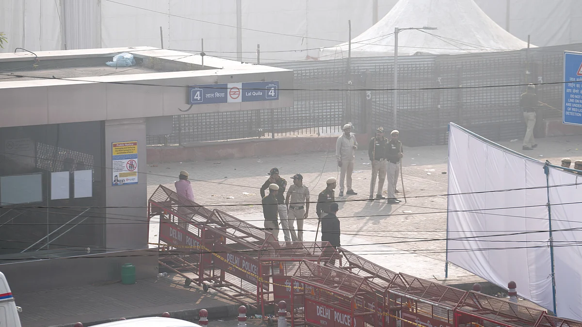 Police cordon off the area near Red Fort Metro Station.