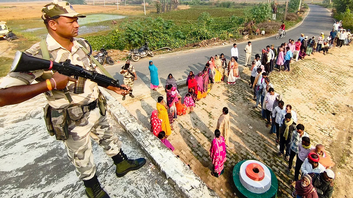 Security personnel keep vigil during the final phase of the Bihar Assembly elections, in Jehanabad