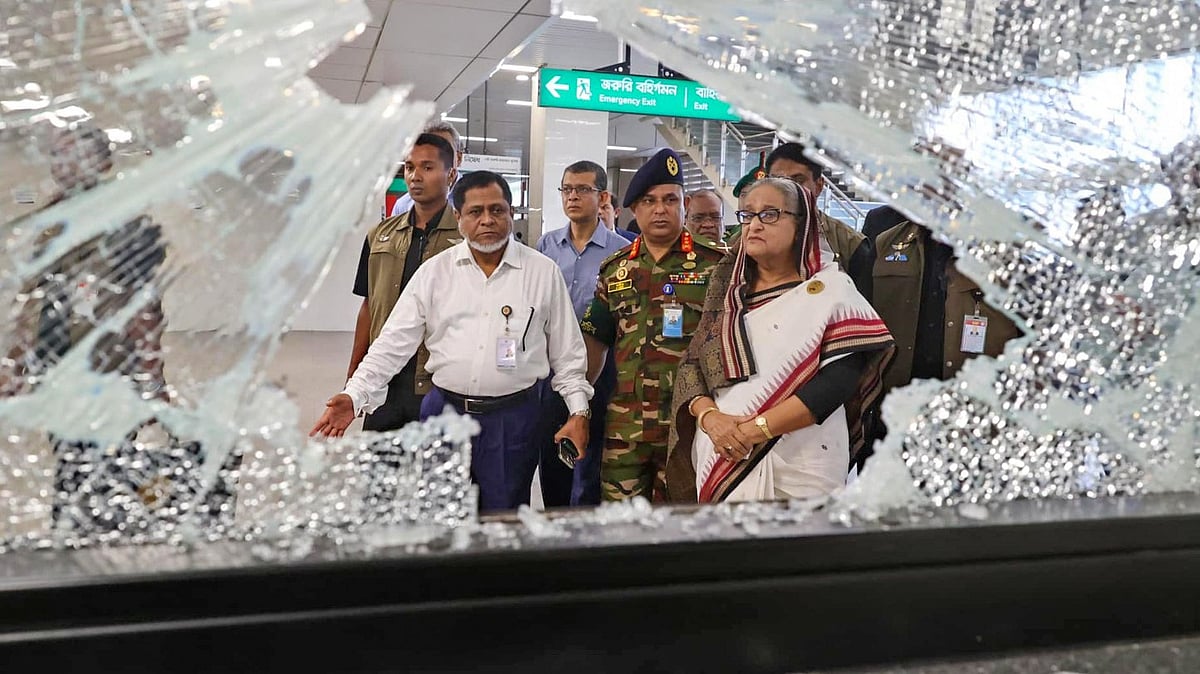 Sheikh Hasina inspects the vandalised Mirpur 10 metro station in Dhaka on 25 July 2024.