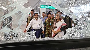 Sheikh Hasina inspects the vandalised Mirpur 10 metro station in Dhaka on 25 July 2024.