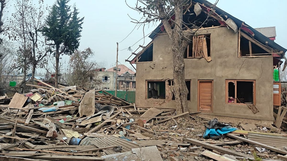 Debris lies scattered after security forces demolish the house of Dr Umar Nabi in Pulwama.