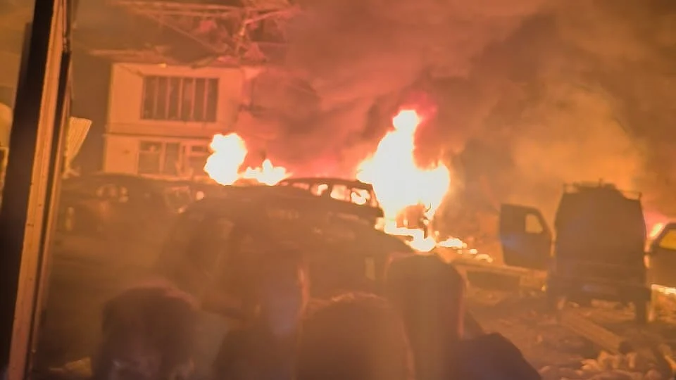 Fire engulfs J&K police station moments after deadly blast.