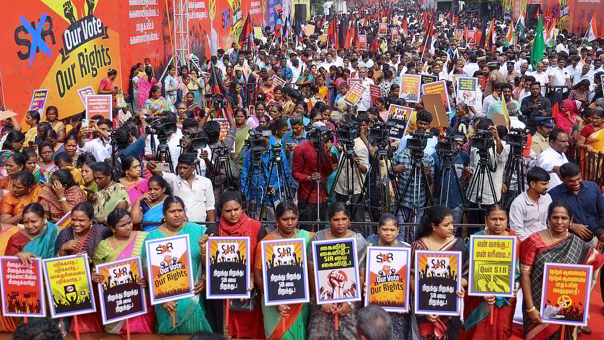 Supporters of DMK-led Secular Progressive Alliance protest SIR, in Chennai, 11 Nov