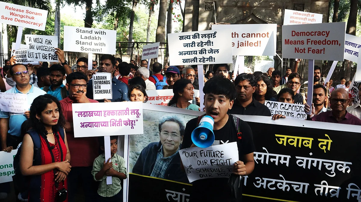 Protesters seeking the release of Sonam Wangchuk in October 25. (PTI file photo)