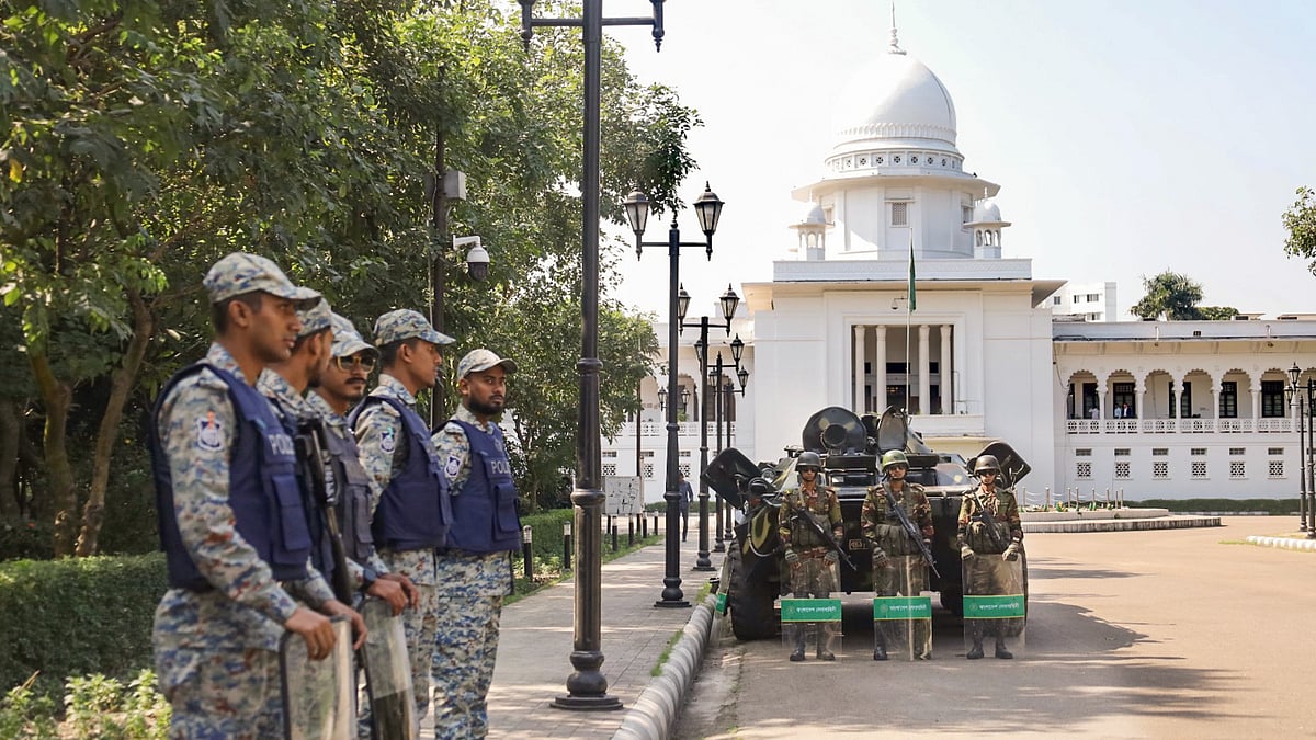 Security personnel keep vigil outside International Crimes Tribunal in Dhaka.