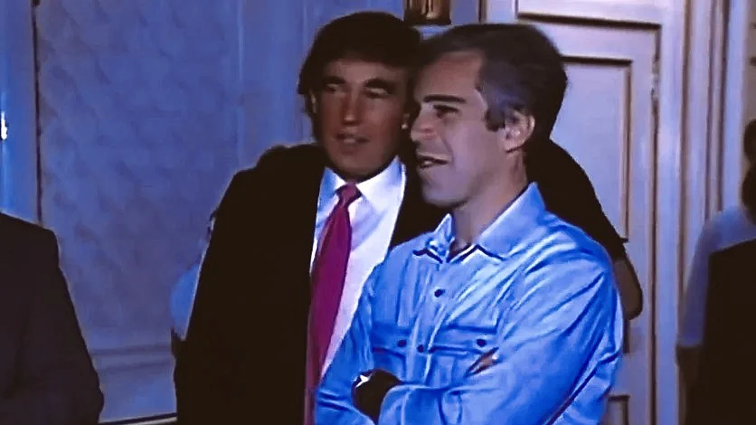 Screengrab from a 1992 video showing Trump and Epstein at a party