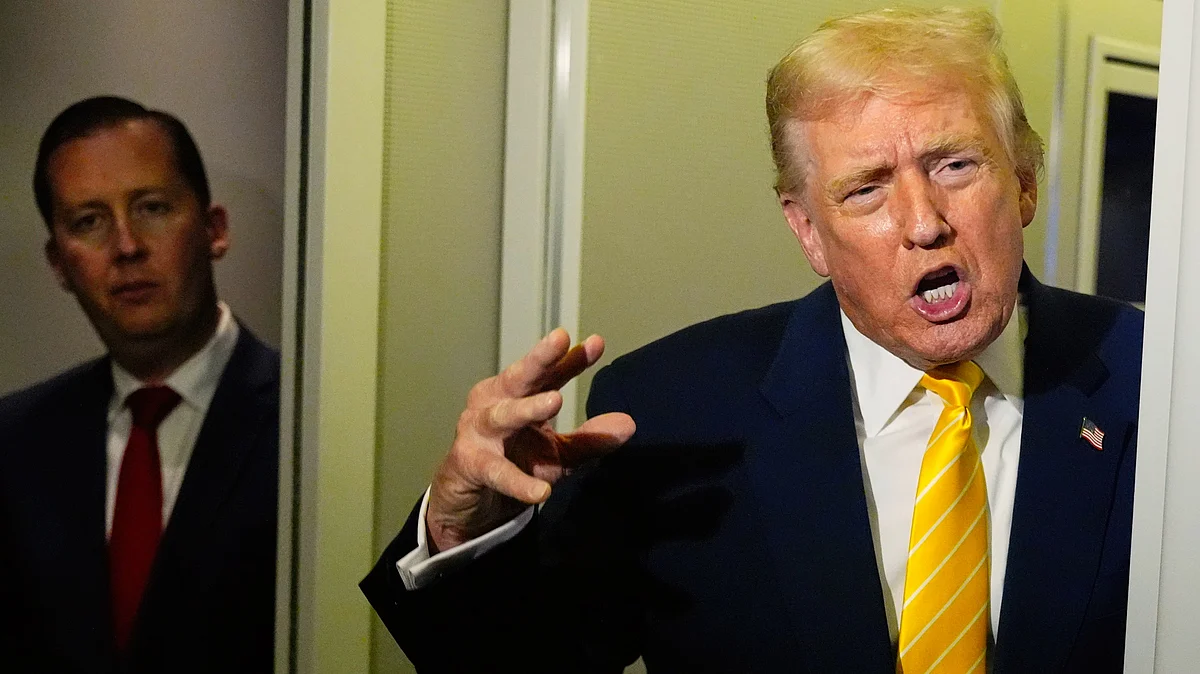 Trump speaks to reporters on Air Force One on 14 Nov, Sergio Gor in the background
