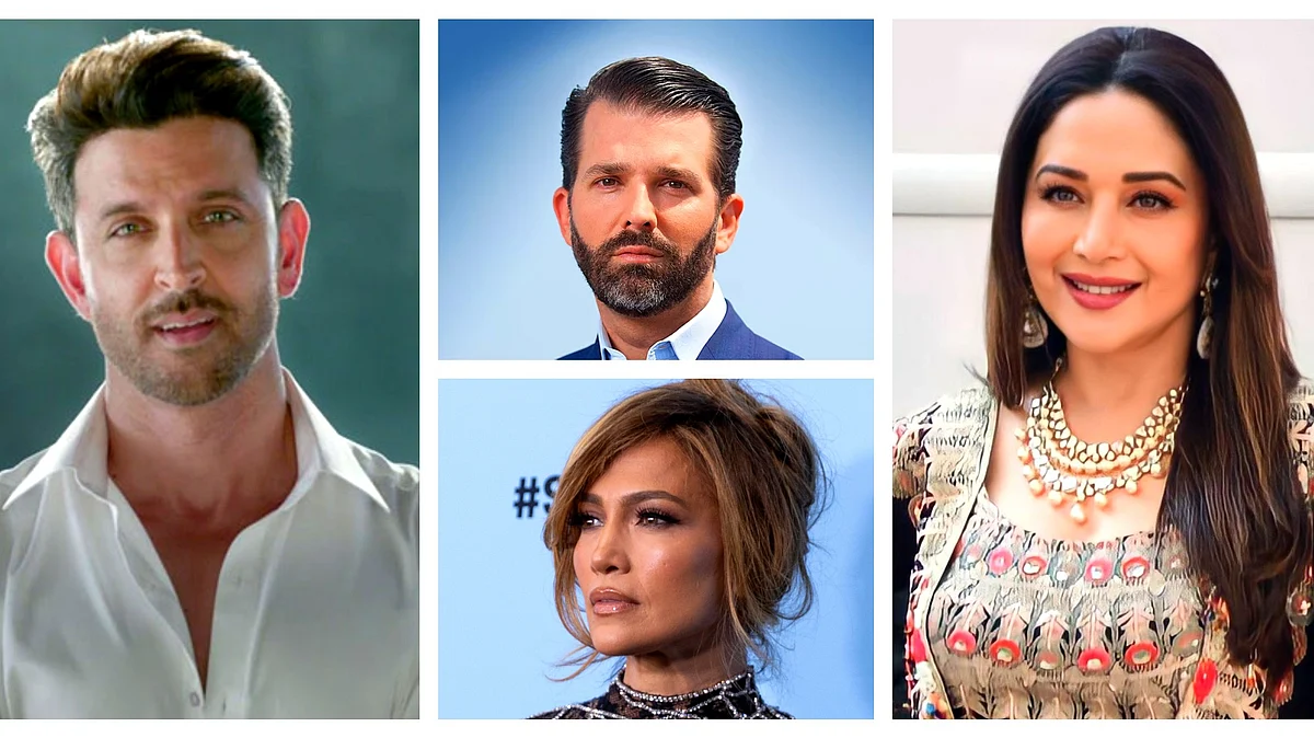 Clockwise from L: Hrithik Roshan, Donald Trump Jr, Madhuri Dixit, Jennifer Lopez