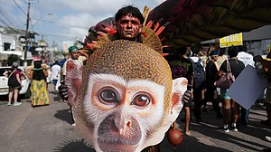 An Indigenous activist carries an image of a monkey at a climate protest during the COP30.