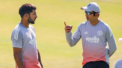 Gautam Gambhir in an animated discussion with Dhruv Jurel