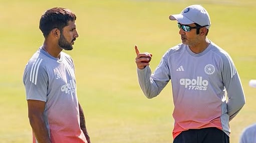 Gautam Gambhir in an animated discussion with Dhruv Jurel