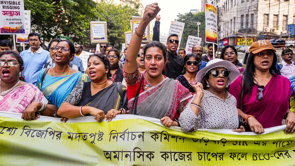 BLOs stage a protest march to the CEO's office claiming excessive work pressure, in Kolkata, 24 Nov