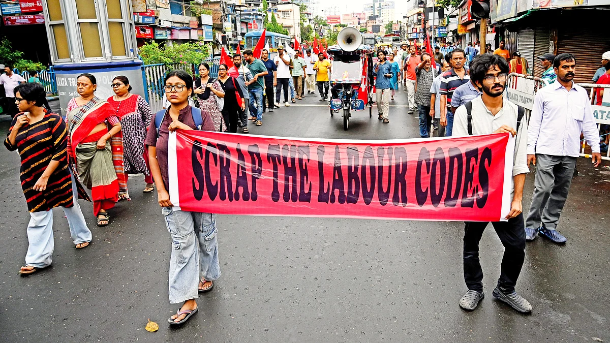 A work strike in Kolkata by 10 central trade unions against the four labour codes