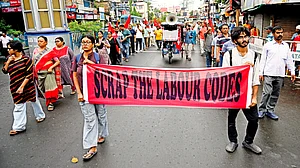 A work strike in Kolkata by 10 central trade unions against the four labour codes