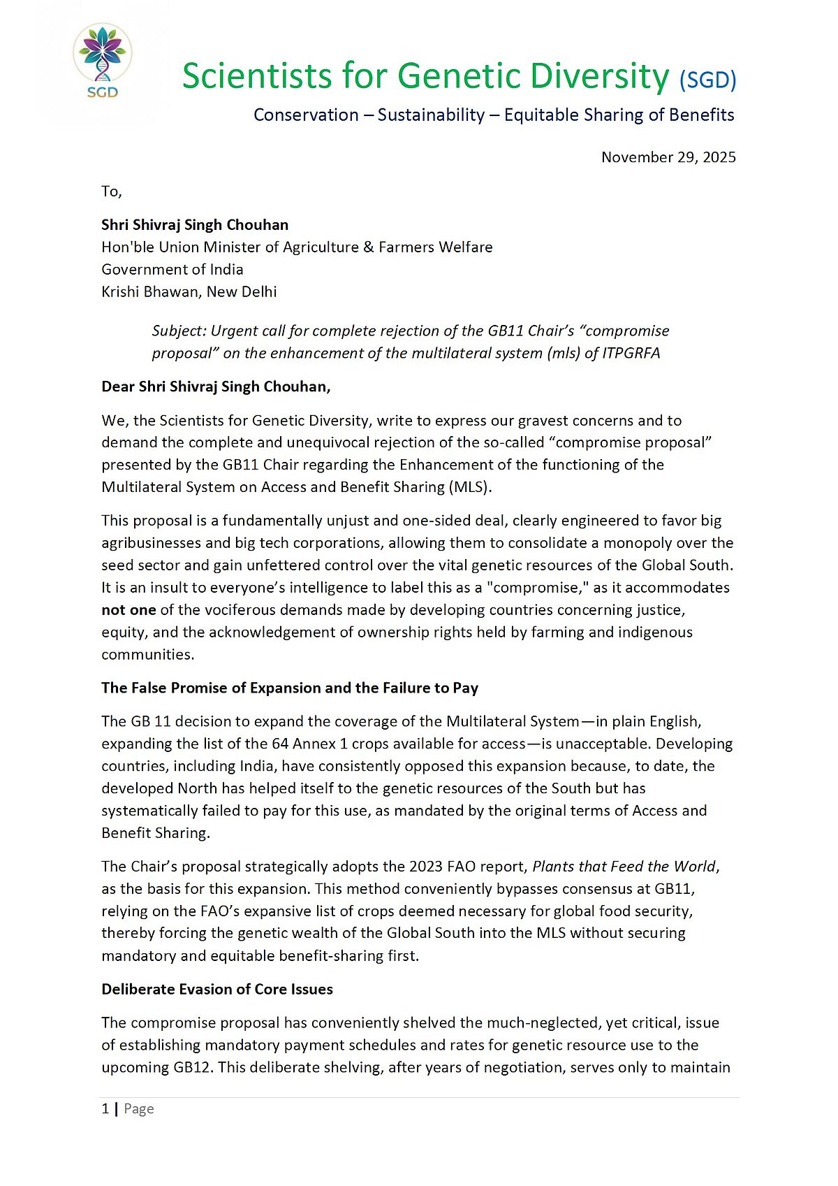 Full text of the letter from Scientists for Genetic Diversity to the Union government