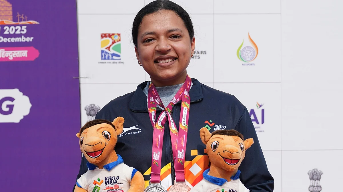 Sift Kaur Samra with her medals at Khelo India University Games