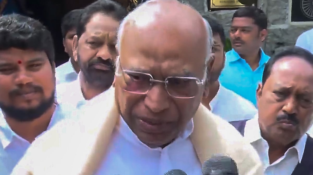 Mallikarjun Kharge speaks to the media in Bengaluru.