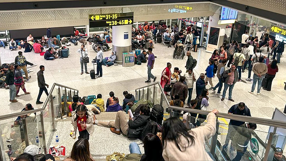 Stranded passengers at Indira Gandhi International Airport in New Delhi.