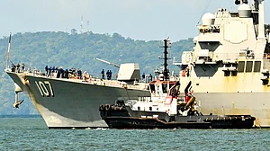 A US Navy warship near the Venezuela coast, as Washington cranks up pressure on alleged drug traffickers