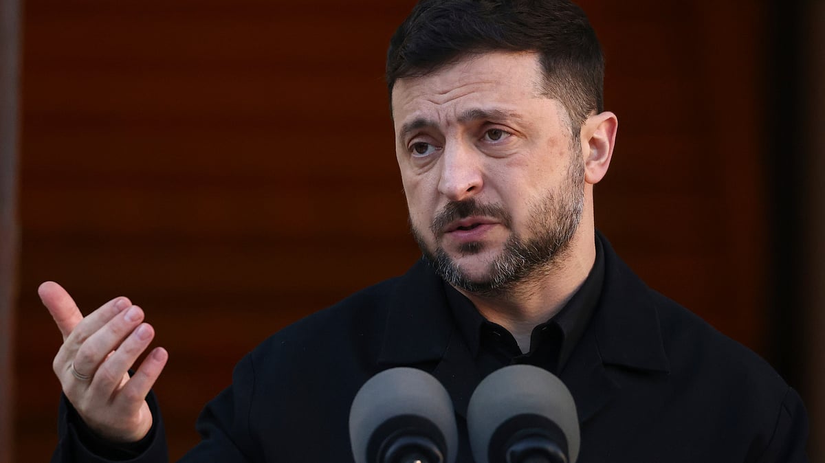 Volodymyr Zelenskyy addresses reporters in Dublin.