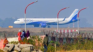 An Indigo flight prepares for takeoff even as several others were cancelled or delayed, at Ranchi, 9 Dec