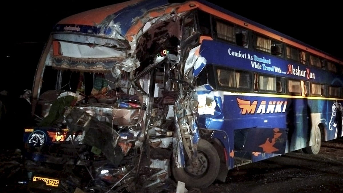 The remains of a bus after it collided with a truck on the Jaipur-Bikaner National Highway. (photo: PTI)