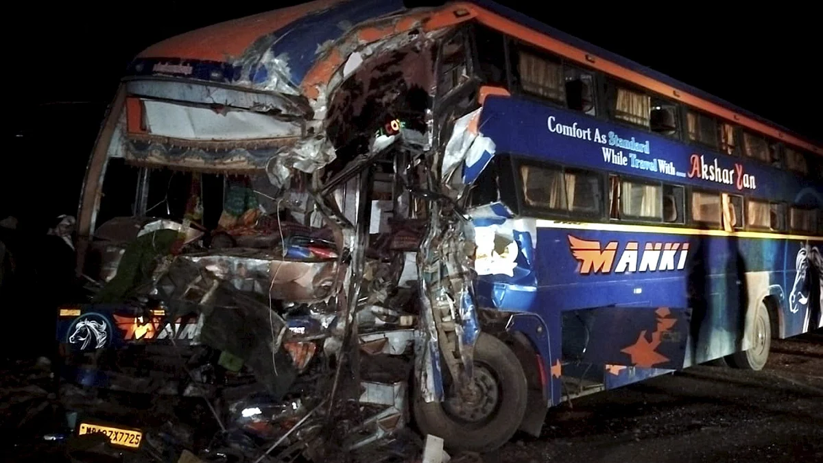 The remains of a bus after it collided with a truck on the Jaipur-Bikaner National Highway. (photo: PTI)