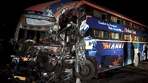 The remains of a bus after it collided with a truck on the Jaipur-Bikaner National Highway. (photo: PTI)