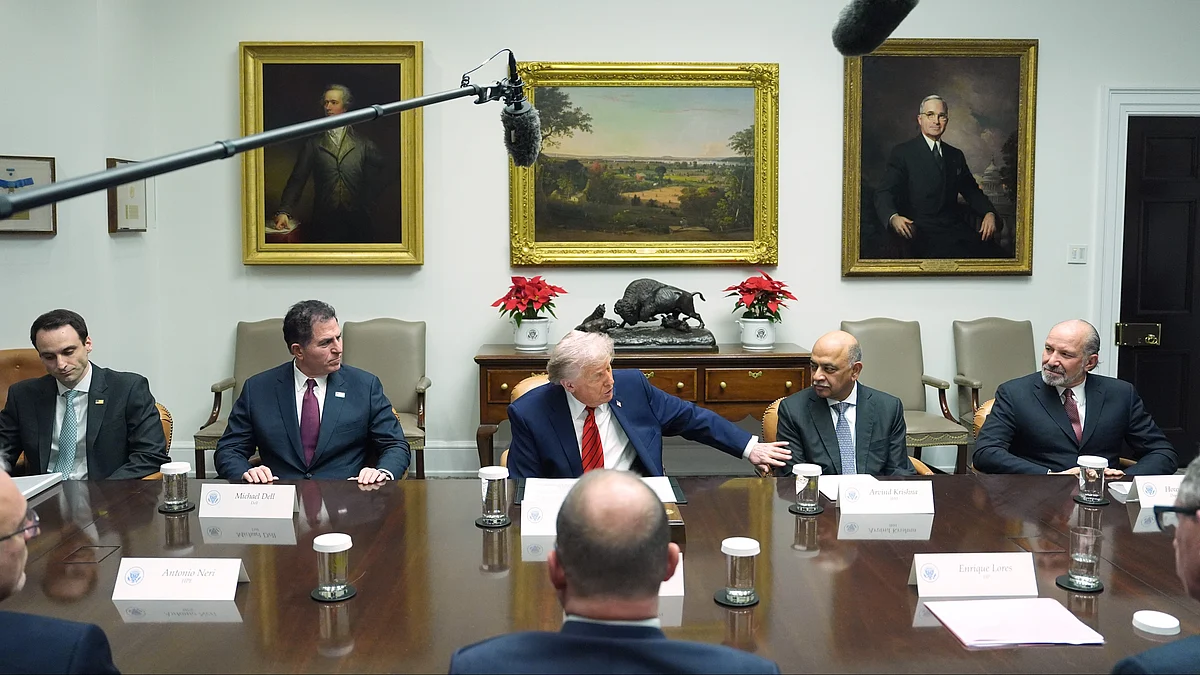 Donald Trump speaks during a roundtable discussion with business leaders in Washington.