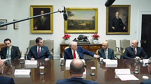 Donald Trump speaks during a roundtable discussion with business leaders in Washington.