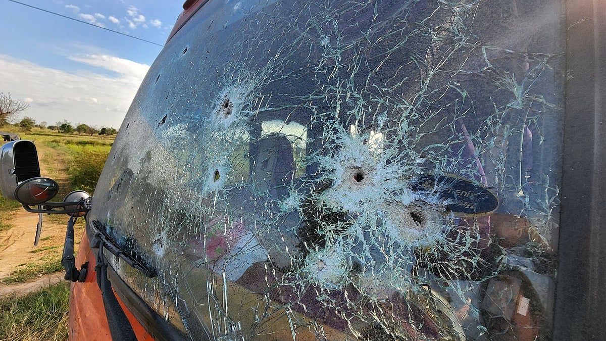 A bullet ridden windshield of a vehicle on the Thailand-Cambodia border