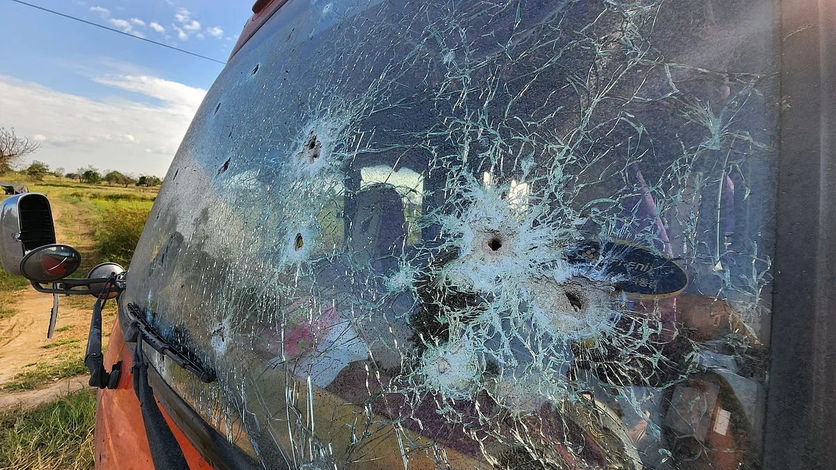 A bullet ridden windshield of a vehicle on the Thailand-Cambodia border