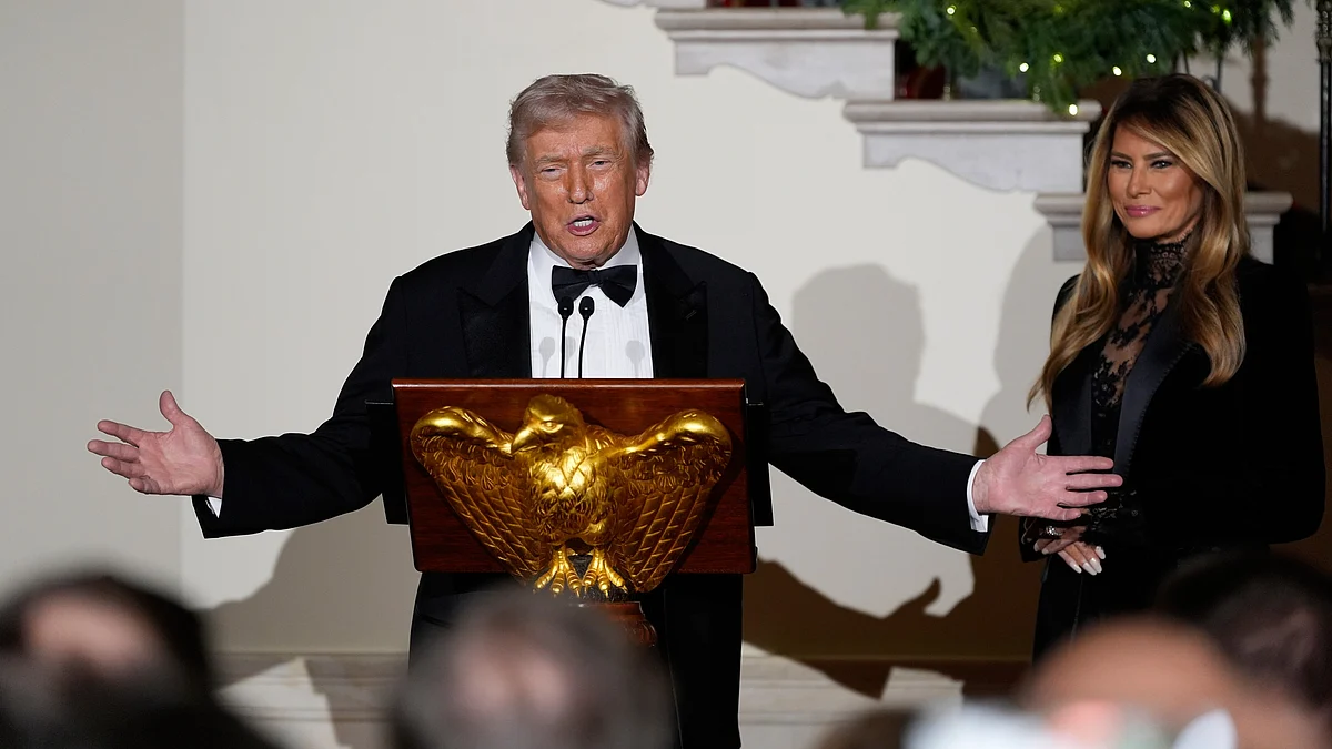 Donald Trump speaks in the Grand Foyer of the White House.