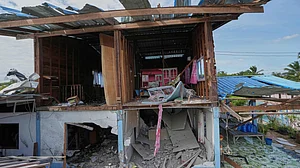 Damage from a reported Cambodian artillery strike in Sisaket province, Thailand.