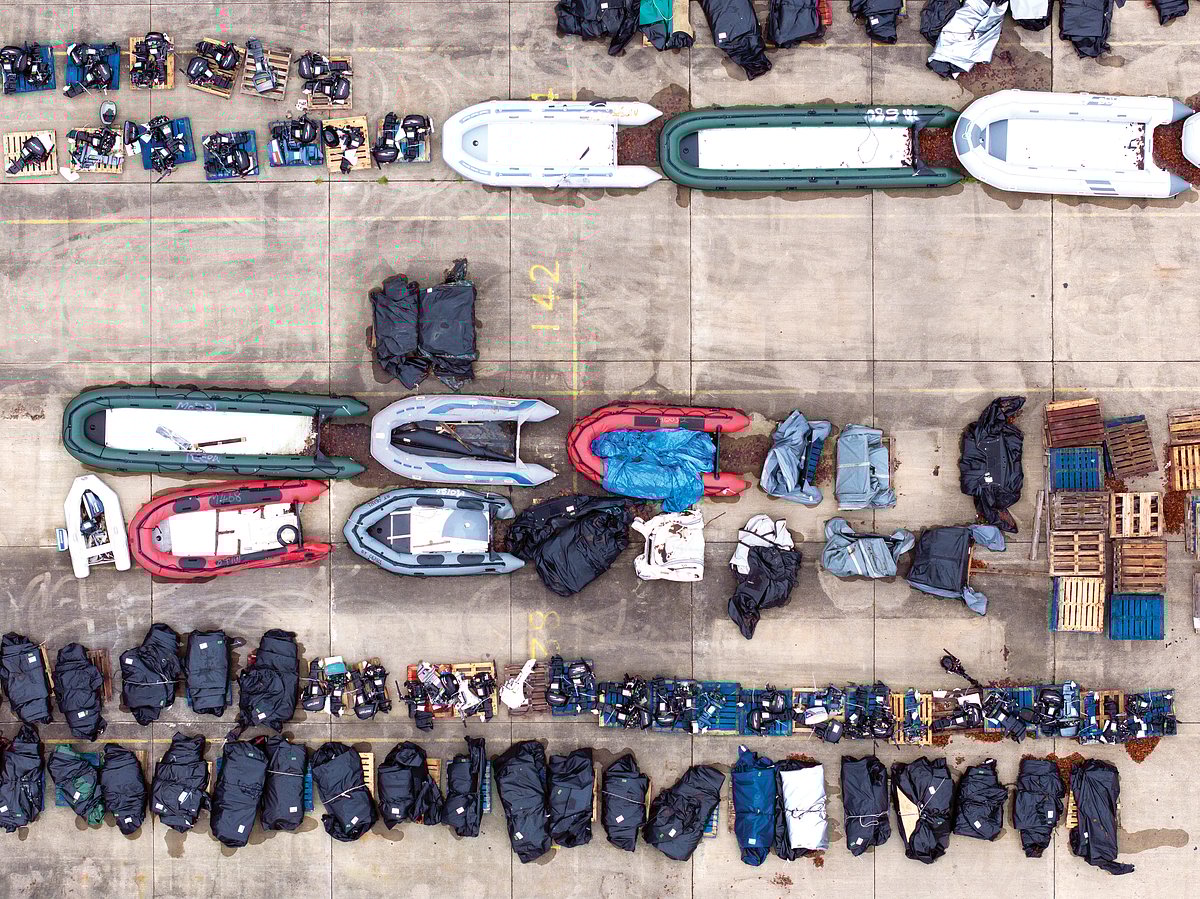 Migrant boats used to cross the English Channel on display at a Dover home office facility