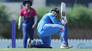 Vaibhav Suryavanshi launches into a ramp shot against the UAE