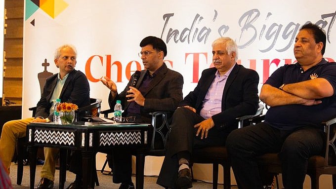 Vishy Anand (second left) in his role as ambassador of Tata Steel chess in 2024