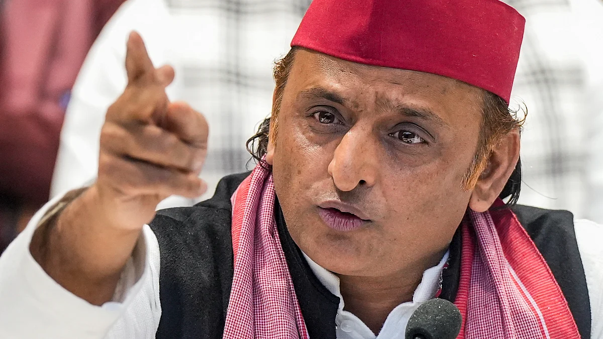 Akhilesh Yadav addresses a press conference in Lucknow.