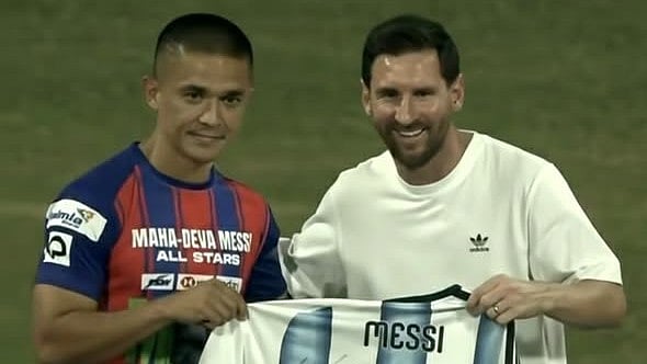 Sunil Chhetri with Messi during Mumbai leg of the GOAT Tour