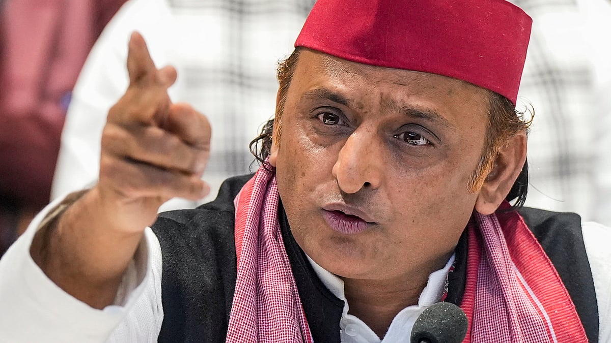 Akhilesh Yadav addresses a press conference in Lucknow.