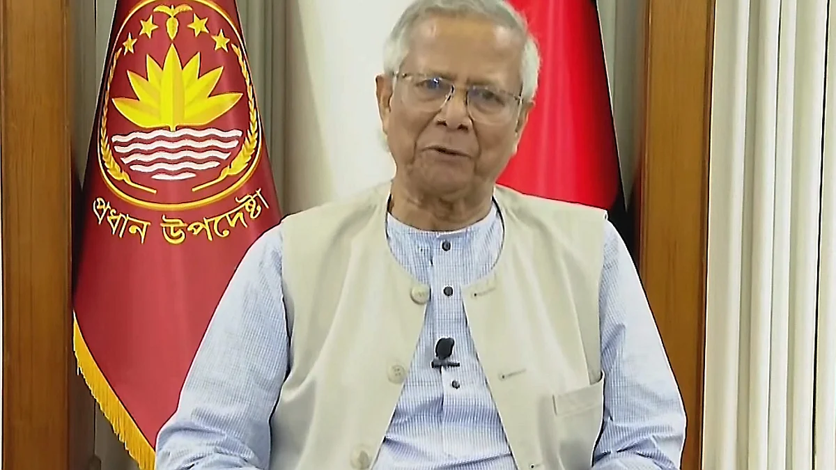 Muhammad Yunus speaks via a televised address in Dhaka.