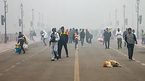 People walk along Kartavya Path amid smoggy winter skies in New Delhi.