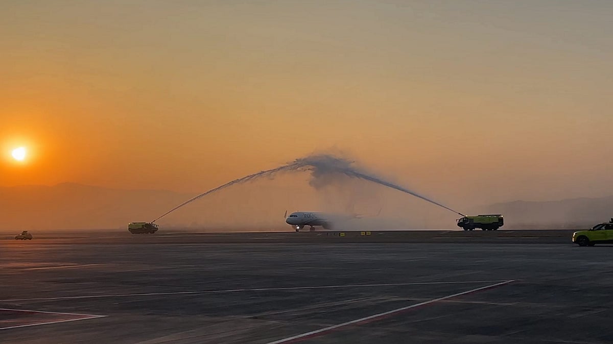 An IndiGo flight gets a water cannon salute at Navi Mumbai International Airport. (Photo: PTI) 